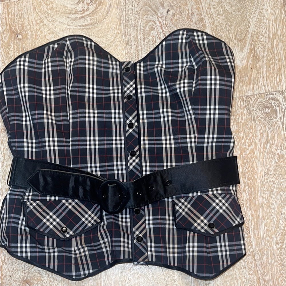 Vintage Y2K Bebe Plaid Strapless Corset Top with Belt